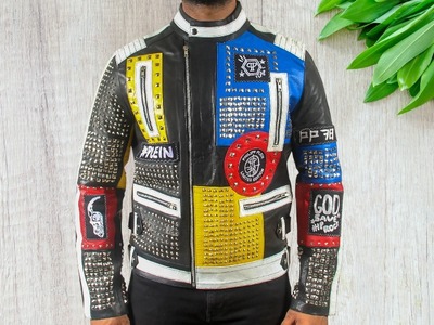 Handmade Multi Color Studded Patches Leather Jacket