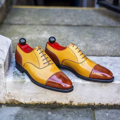 Handmade Two Tone Lace Up Leather Cap Toe Fashion Men's Dress Shoes