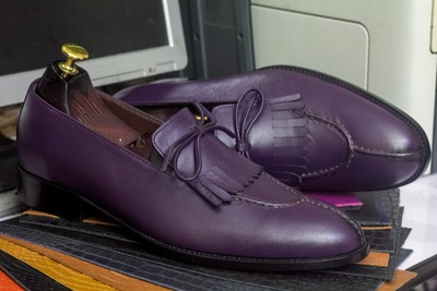 Purple Leather Men's Tassle Fringe Handmade Split Toe Loafer Shoes