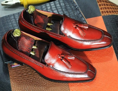 Men's Fashion Burgundy Tussle Split Toe Leather Handmade Loafer Shoes