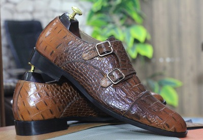 Handpainted Men's Brown Leather Cap Toe Double Buckle Alligator Print Fashion Shoes