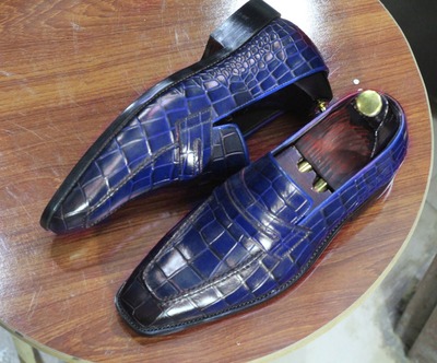 Men's Blue Alligator Print Leather Penny Handmade Loafer Shoes
