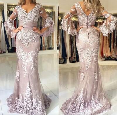 Elegant Mermaid Lace Mother Of The Bride Dresses V Neck Long Sleeves Mother of the Groom Dress