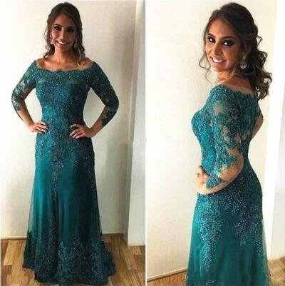 New Hunter Green Mother of the Bride Dresses Long Sleeve Lace Beaded Mother of The Groom Dress