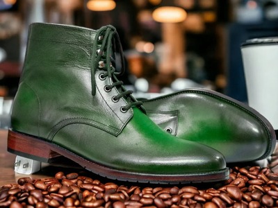 Men's Green Leather Lace Up Derby Fashion Handmade Ankle Boots