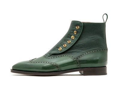 Handmade Green Leather Button Wing Tip Men's Ankle High Boots