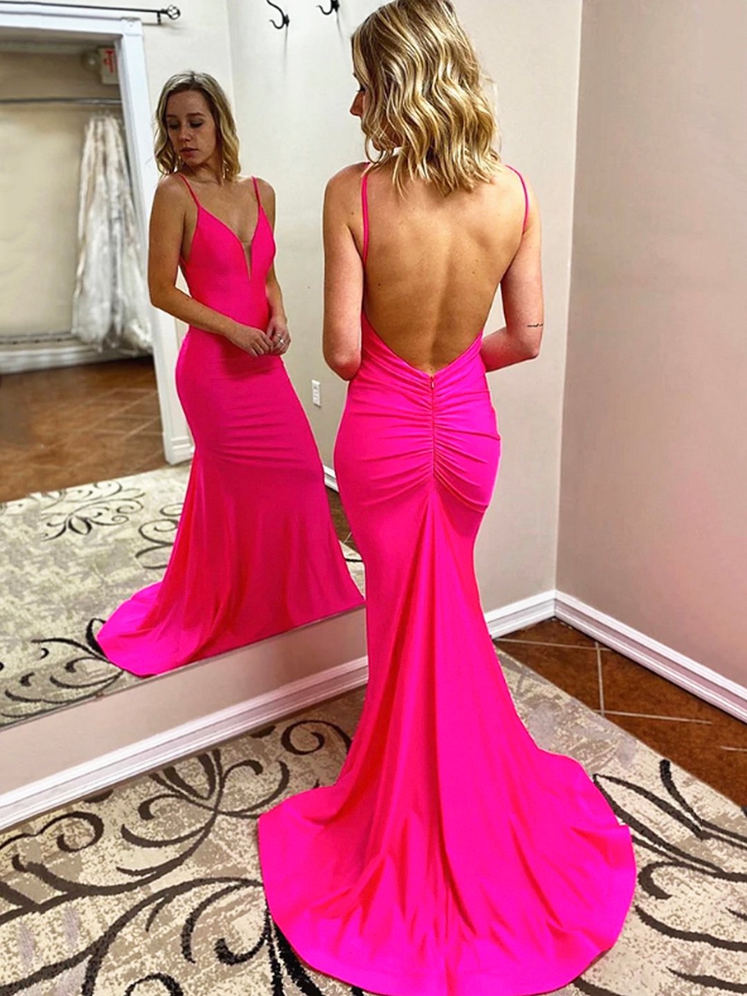 Hot Pink Satin Long Prom Dress, Mermaid Backless Evening Party Dress
