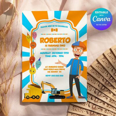 Blippi Birthday Invitation Instant Download, Blippi ANY AGE Invitation Canva Editable