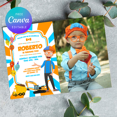 Blippi Birthday Invitation with photo Canva Editable Instant Download