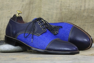 Handmade Men's Lace Up Two Tone Leather & Denim Leather Cap Toe Fashion Shoes