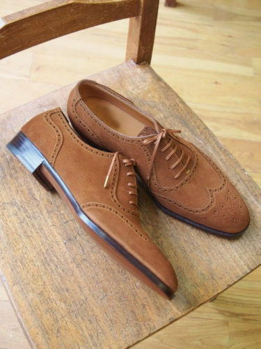 Handmade Men Wing Tip Suede Leather Office Business Oxford Lace Up Shoes