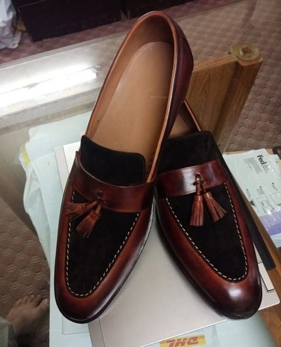 Handmade Men's Two Tone Leather & Suede Tussle Loafer Shoes