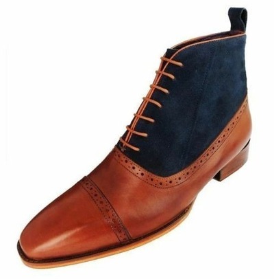 Handmade Men's Two Tone Leather & Suede Lace Up Cap Toe Ankle Boots