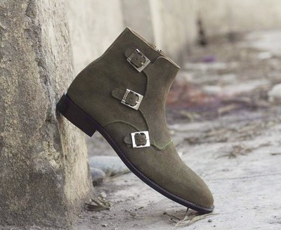 Handmade Men's Triple Buckle Monk Suede Green Ankle High Boots