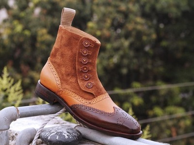 Handmade Men's Multi Tone Leather & Suede Button Wing Tip Ankle Boots