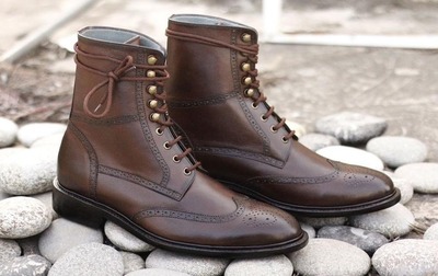 Men's Brown Leather Lace Up Wing Tip Handmade Ankle High Boots