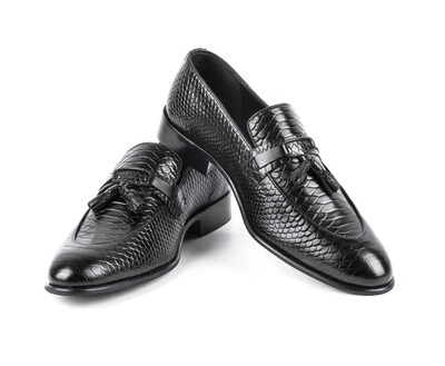 Handmade Python Leather Tussle Men's Fashion Black Dress Shoes