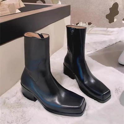 Cowhide square toe genuine leather thick heel Martin boots retro knight short boots
