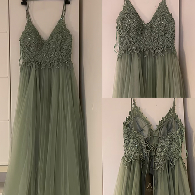 Sage prom dresses with applique lace - Thumbnail 1