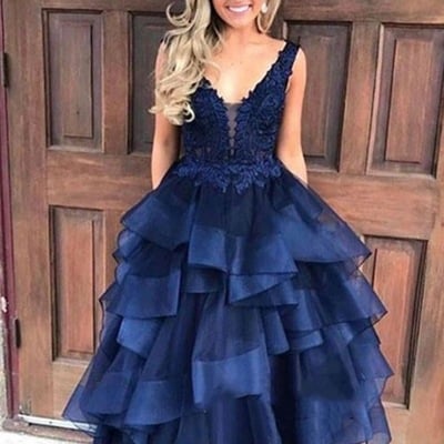 V neck navy blue prom dresses with appliques lace - Thumbnail 1