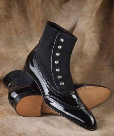 Men's Black Leather & Suede Wing Tip Button Handmade Ankle Boots