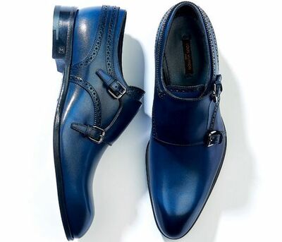 Double Buckle Strap Blue Monk Plain Toe Pointed Tip Leather Shoes For Men's