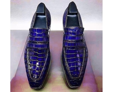 Handmade Men's Fashion Blue Alligator Print Leather Peeny Loafer Shoes