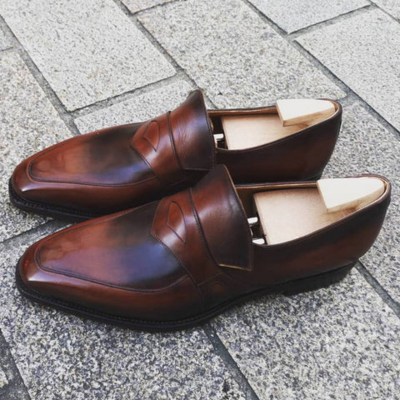 Dark Brown Patina Moccasin Loafers Men Dress Formal Classic Shoes
