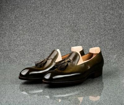 Handmade Men Classic Olive Green Tassel Loafers Shoes