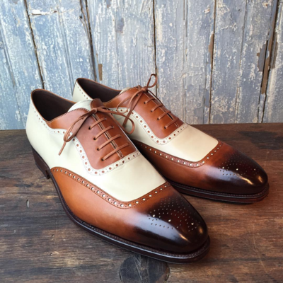Handmade Men Two tone wingtip brogue formal shoes, Men lace up dress shoes