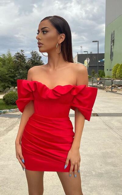 Off Shoulder Mini Cocktail Dresses Ruffles Satin Sexy Prom Dress