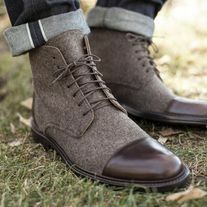 Handmade Men's Ankle High Boot, Men's Dark Brown Color Leather & Tweed Lace Up Formal Boot from leather