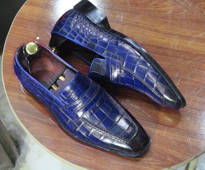 Handmade Men's Fashion Blue Alligator Print Leather Peeny Loafer Shoes