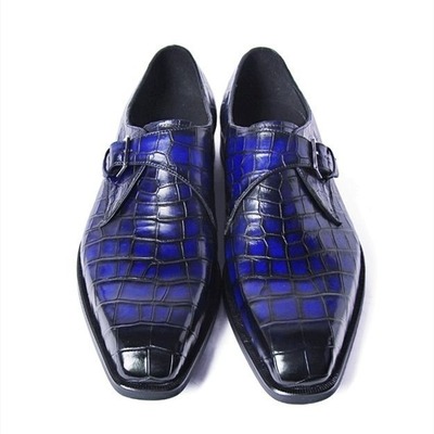Handmade Men's Blue Alligator Print Leather Singal Monk Buckle Office Shoes