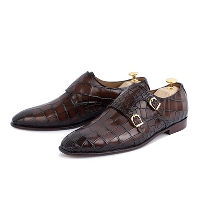 Handmade Men's Brown Alligator Print Leather Double Monk Buckle Office Shoes