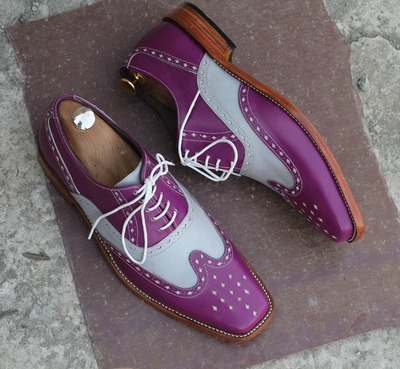 Men's Two Tone Leather Lace Up Cap Toe Dress Handmade Shoes