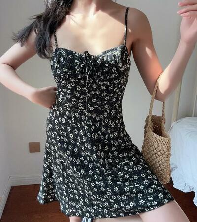 Retro girly floral print casual suspender dress