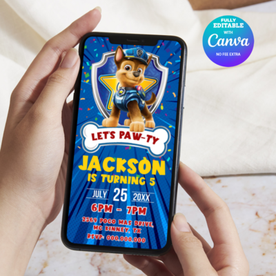 Chase Paw Patrol Birthday Invitation, Chase Paw Patrol E-Invite Birthday Invitation Canva Editable