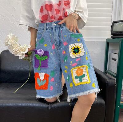 Flower Crochet Embroidery Ripped Jeans Denim Shorts