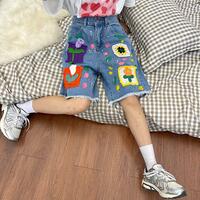 Flower Crochet Embroidery Ripped Jeans Denim Shorts - Thumbnail 2