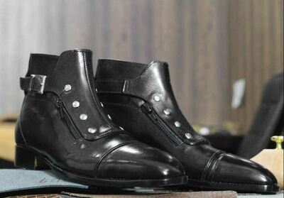 Handmade Men's Black Leather Singal Buckle Cap Toe Ankle High Boots
