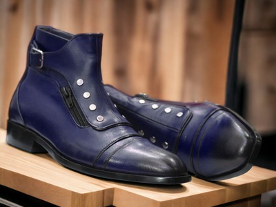 Handmade Men's Blue Leather Singal Buckle Cap Toe Ankle High Boots
