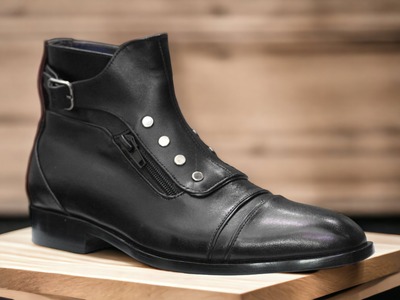 Handmade Men's Black Leather Singal Buckle Cap Toe Ankle High Boots