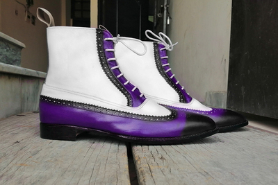 New Men's Handmade Purple Black White Ankle High Leather Lace Up Wing Tip Brogue Boot