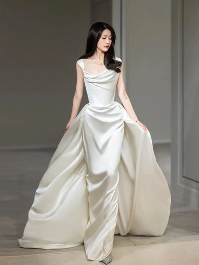 Wedding Dress Mermaid Satin For Bride Boat Neck Neckline Off The Shoulder Custom Made Plus Size