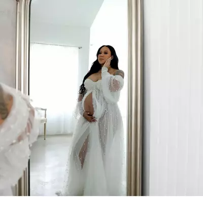 Pearl Tulle Maternity Wraps Dresses For Photography Front Split Long Sleeve Women Photoshoot Outfit Maxi Gown Pregnancy Long Dress