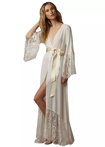 Bathrobes Illusion Dark Ivory Chiffon Sleepwear With Lace Applique Satin Sash Wedding Bridal Sxey Wedding Nightgown