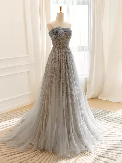 Gray Sequin Tulle Prom & Evening Gown - Elegant Long Formal Dress