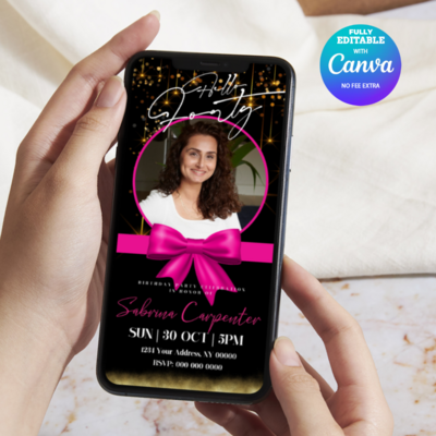 Forty Pink and Gold Birthday Invitation, Forty Mobile Invitation, Hello Forty Birthday Invite Birthday Invitation Canva Editable Active