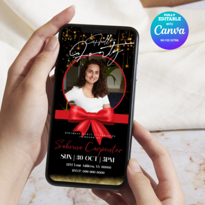 Forty Red and Gold Birthday Invitation, Forty Mobile Invitation, Hello Forty Birthday Invite Birthday Invitation Canva Editable Active